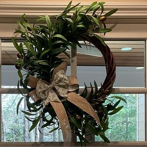 Handcrafted Green Olive Leaf Holiday Wreath with Decorative Bow